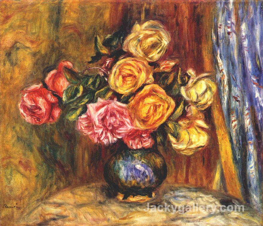 Roses in front of a blue curtain by Pierre Auguste Renoir paintings reproduction